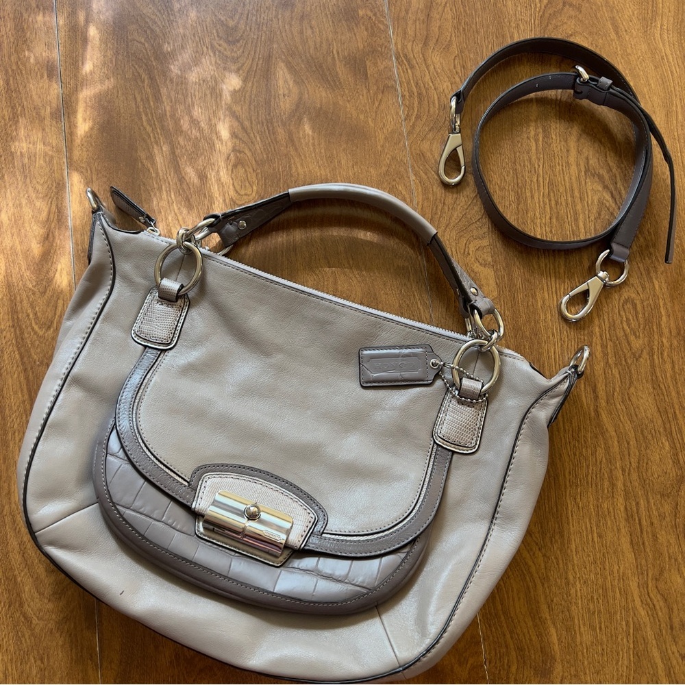 Coach Kristin Spectator Gray Taupe Leather Croc Trim Zip Satchel Crossbody Bag - Picture 13 of 14